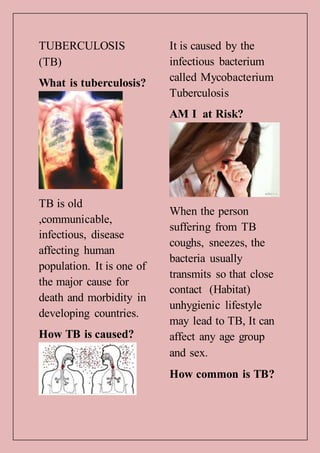TUBERCULOSIS
(TB)
What is tuberculosis?
TB is old
,communicable,
infectious, disease
affecting human
population. It is one of
the major cause for
death and morbidity in
developing countries.
How TB is caused?
It is caused by the
infectious bacterium
called Mycobacterium
Tuberculosis
AM I at Risk?
When the person
suffering from TB
coughs, sneezes, the
bacteria usually
transmits so that close
contact (Habitat)
unhygienic lifestyle
may lead to TB, It can
affect any age group
and sex.
How common is TB?
 