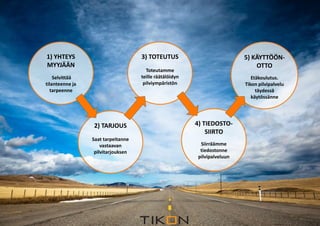 1) YHTEYS 
MYYJÄÄN 
Selvittää 
tilanteenne ja 
tarpeenne 
2) TARJOUS 
Saat tarpeitanne 
vastaavan 
pilvitarjouksen 
3) TOTEUTUS 
Toteutamme 
teille räätälöidyn 
pilviympäristön 
2.12.2014 COPYRIGHT © TIKON. ALL RIGHTS RESERVED. 
4) TIEDOSTO-SIIRTO 
Siirräämme 
tiedostonne 
pilvipalveluun 
5) KÄYTTÖÖN-OTTO 
Etäkoulutus. 
Tikon pilvipalvelu 
täydessä 
käytössänne 
 