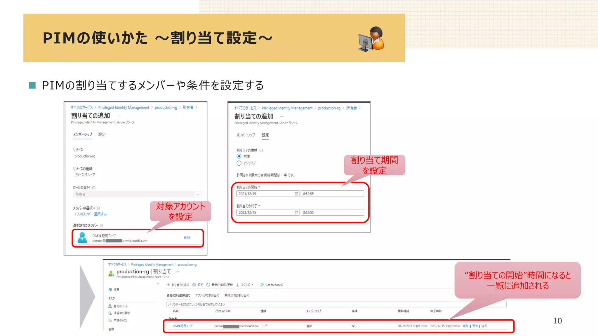 PIMの使いかた ～割り当て設定～
10
◼ PIMの割り当てするメンバーや条件を設定する
“割り当ての開始”時間になると
一覧に追加される
対象アカウント
を設定
割り当て期間
を設定
 