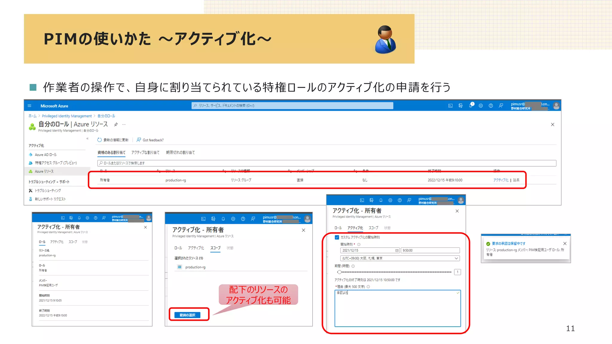 PIMの使いかた ～アクティブ化～
11
◼ 作業者の操作で、自身に割り当てられている特権ロールのアクティブ化の申請を行う
配下のリソースの
アクティブ化も可能
 