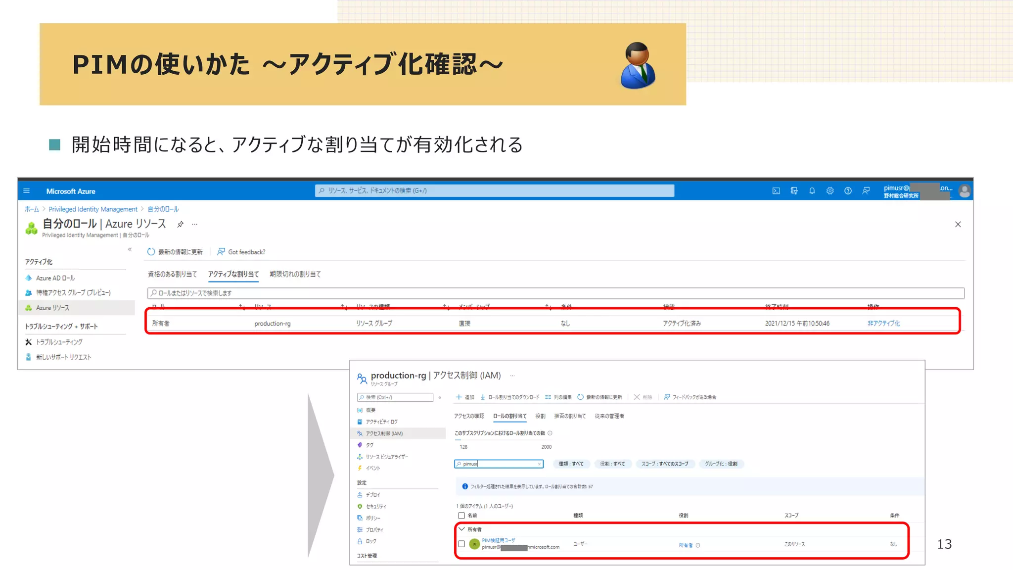 PIMの使いかた ～アクティブ化確認～
13
◼ 開始時間になると、アクティブな割り当てが有効化される
 