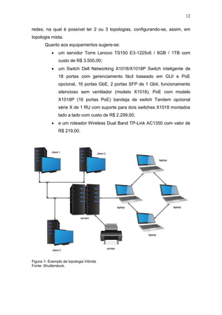 12
redes, na qual é possível ter 2 ou 3 topologias, configurando-se, assim, em
topologia mista.
Quanto aos equipamentos sugere-se:
 um servidor Torre Lenovo TS150 E3-1225v6 / 8GB / 1TB com
custo de R$ 3.500,00;
 um Switch Dell Networking X1018/X1018P Switch inteligente de
18 portas com gerenciamento fácil baseado em GUI e PoE
opcional, 16 portas GbE, 2 portas SFP de 1 Gbit, funcionamento
silencioso sem ventilador (modelo X1018), PoE com modelo
X1018P (16 portas PoE) bandeja de switch Tandem opcional
série X de 1 RU com suporte para dois switches X1018 montados
lado a lado com custo de R$ 2.299,00;
 e um roteador Wireless Dual Band TP-Link AC1350 com valor de
R$ 219,00.
Figura 1- Exemplo de topologia híbrida
Fonte: Shutterstock.
 