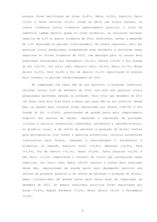 avanços foram verificados em Goiás (3,8%), Bahia (2,5%), Espírito Santo

(1,2%) e Santa Catarina (1,1%). Ainda na série com ajuste sazonal, no

índice    trimestre         contra      trimestre       imediatamente       anterior,    o   total    da

indústria também apontou queda no ritmo produtivo, ao assinalar variação

negativa de 0,3% no quarto trimestre de 2012, revertendo, assim, a expansão

de 1,0% observada no período julho-setembro. Em termos regionais, seis dos

quatorze locais pesquisados acompanharam esse movimento e mostraram taxas

negativas no último trimestre de 2012, com destaque para os recuos mais

acentuados assinalados por Pernambuco (-5,3%), Paraná (-4,8%) e Rio Grande

do Sul (-4,3%). Por outro lado, Espírito Santo (4,1%), Bahia (3,7%), Minas

Gerais (2,5%), Pará (2,4%) e Rio de Janeiro (1,1%) registraram os avanços

mais intensos no período outubro-dezembro de 2012.

        Na comparação com igual mês do ano anterior, a produção industrial

nacional recuou 3,6% em dezembro de 2012, com nove dos quatorze locais

pesquisados apontando redução na produção. Vale citar que dezembro de 2012

(20 dias) teve dois dias úteis a menos que igual mês do ano anterior. Nesse

mês, as quedas mais intensas foram registradas por Paraná (-28,3%) e Rio

Grande do Sul (-13,4%), pressionadas em grande parte pelo comportamento

negativo    dos      setores       de    edição,      impressão     e     reprodução    de   gravações

(livros) e veículos automotores (caminhões, automóveis e caminhão-trator),

no primeiro local, e de refino de petróleo e produção de álcool (naftas

para petroquímica, óleo diesel e gasolina automotiva), veículos automotores

(carrocerias         para    ônibus,         reboques      e   semirreboques      e    automóveis)     e

alimentos,      no    segundo.       Espírito      Santo       (-9,8%),    Amazonas     (-6,0%),   Pará

(-3,4%), Rio de Janeiro (-3,1%), Ceará (-2,6%), Santa Catarina (-2,5%) e

São Paulo (-1,5%) completaram o conjunto de locais que assinalaram taxas

negativas. Por outro lado, Bahia (20,6%) mostrou o avanço mais acentuado

nesse    mês,   impulsionado            em   grande       parte   pelo    desempenho    positivo     dos

setores de produtos químicos e de refino de petróleo e produção de álcool,

ambos    influenciados        em     grande     parte      pela   baixa    base   de    comparação    em

dezembro de 2011. Os demais resultados positivos foram registrados por

Goiás (7,6%), Região Nordeste (7,1%), Minas Gerais (4,1%) e Pernambuco

(0,8%).




                                                      7
 