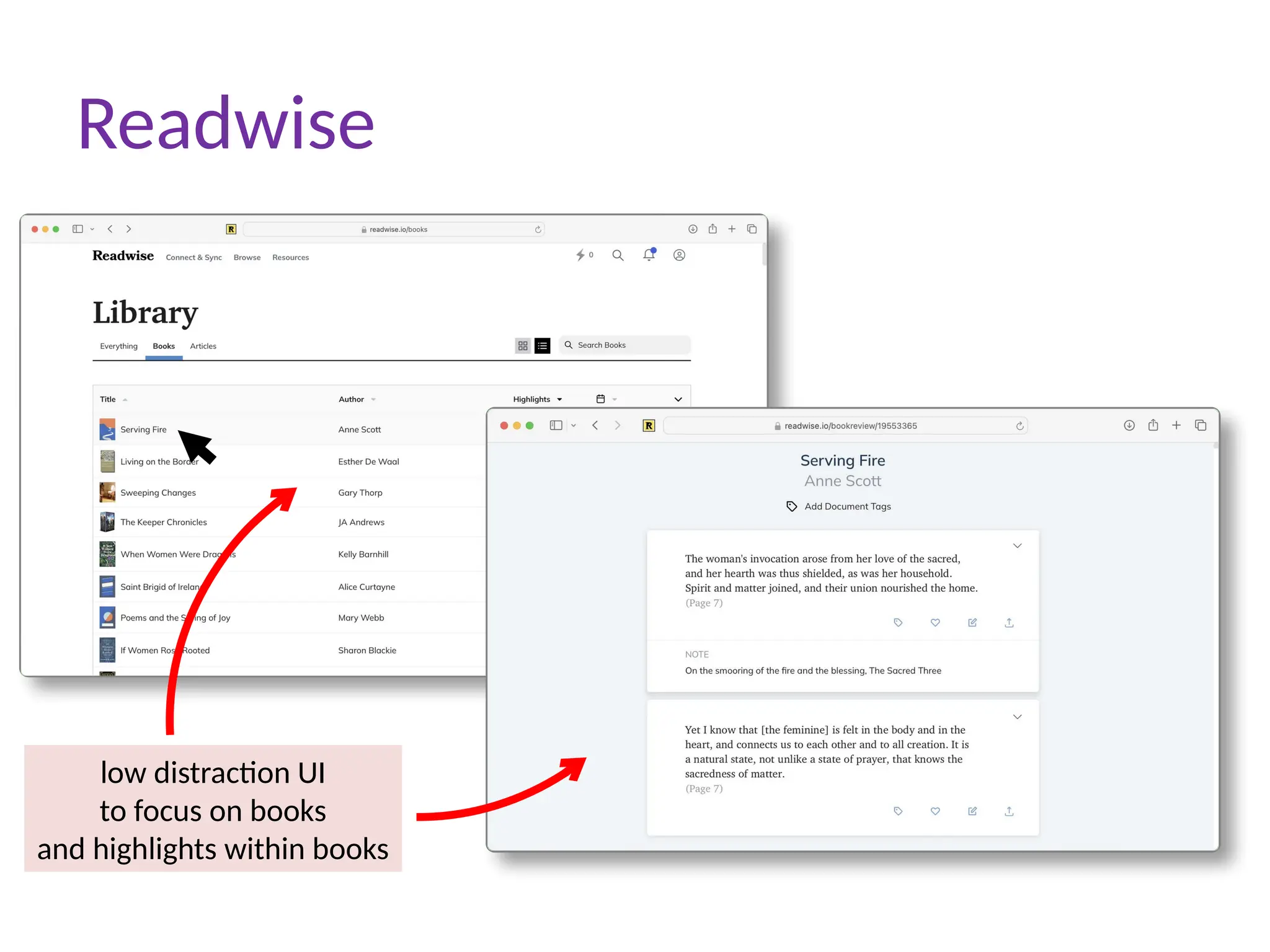 low distraction UI
to focus on books
and highlights within books
Readwise
 
