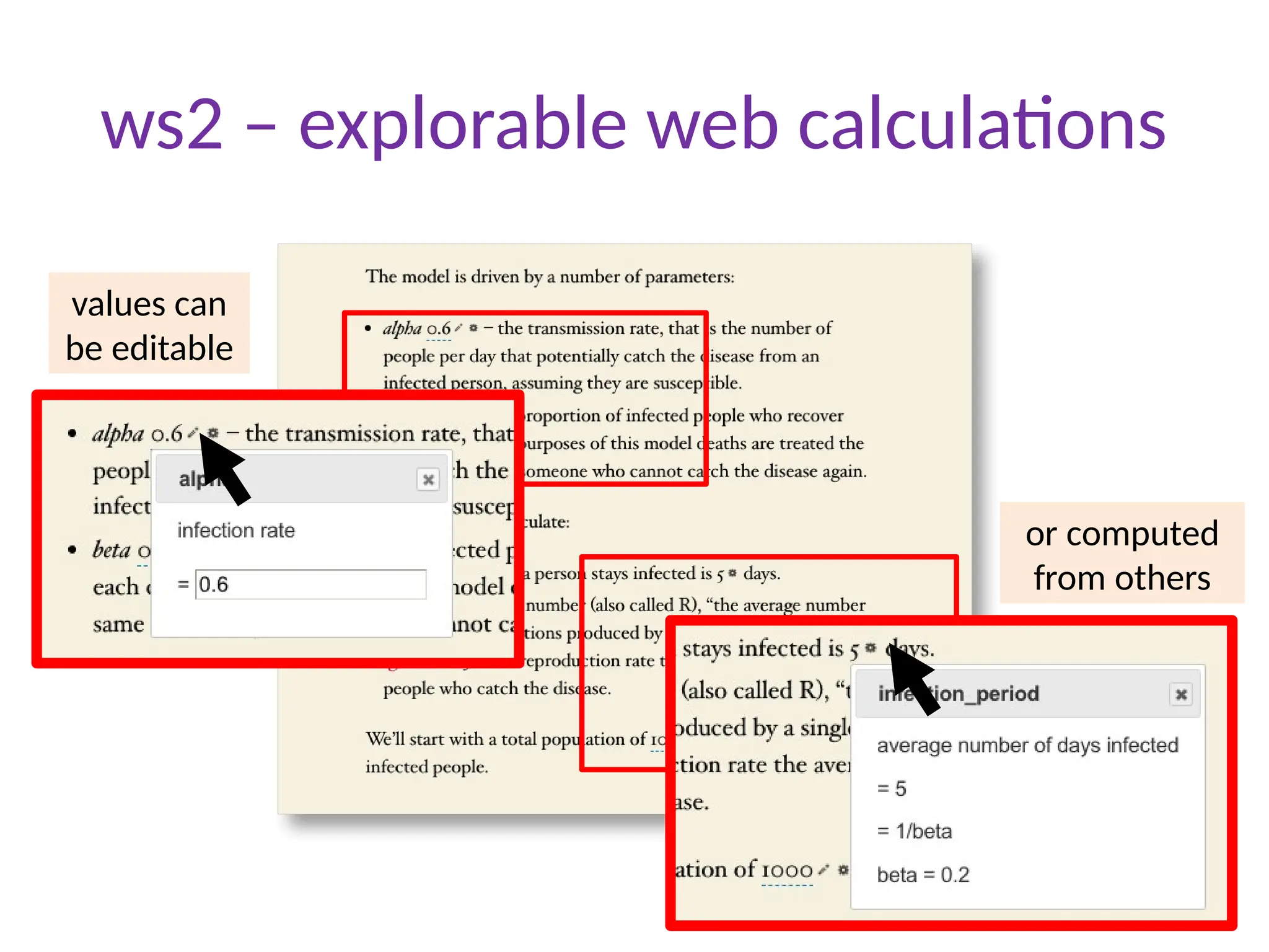 values can
be editable
or computed
from others
ws2 – explorable web calculations
 