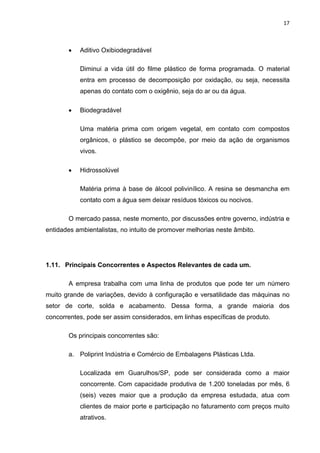 17 
 
 Aditivo Oxibiodegradável
Diminui a vida útil do filme plástico de forma programada. O material
entra em processo de decomposição por oxidação, ou seja, necessita
apenas do contato com o oxigênio, seja do ar ou da água.
 Biodegradável
Uma matéria prima com origem vegetal, em contato com compostos
orgânicos, o plástico se decompõe, por meio da ação de organismos
vivos.
 Hidrossolúvel
Matéria prima à base de álcool polivinílico. A resina se desmancha em
contato com a água sem deixar resíduos tóxicos ou nocivos.
O mercado passa, neste momento, por discussões entre governo, indústria e
entidades ambientalistas, no intuito de promover melhorias neste âmbito.
1.11. Principais Concorrentes e Aspectos Relevantes de cada um.
A empresa trabalha com uma linha de produtos que pode ter um número
muito grande de variações, devido à configuração e versatilidade das máquinas no
setor de corte, solda e acabamento. Dessa forma, a grande maioria dos
concorrentes, pode ser assim considerados, em linhas específicas de produto.
Os principais concorrentes são:
a. Poliprint Indústria e Comércio de Embalagens Plásticas Ltda.
Localizada em Guarulhos/SP, pode ser considerada como a maior
concorrente. Com capacidade produtiva de 1.200 toneladas por mês, 6
(seis) vezes maior que a produção da empresa estudada, atua com
clientes de maior porte e participação no faturamento com preços muito
atrativos.
 