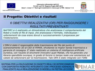 Il Progetto: Obiettivi e risultati
UNIONE EUROPEA
FONDO EUROPEO DI SVILUPPO REGIONALE
REGIONE PUGLIA
AREA POLITICHE PER LO SVILUPPO IL LAVORO
E L’INNOVAZIONE
6 OBIETTIVI REALIZZATIVI (OR) PER RAGGIUNGERE I
RISULTATI PREVENTIVATI
Intervento cofinanziato dall’U.E.
F.E.S.R. sul P.O. Regione Puglia 2007-2013
Asse I – Linea 1.1 “Aiuti agli investimenti in ricerca per le PMI - Azione 1.1.2
SISTEMA PER LA RILEVAZIONE DI OGGETTI REALI 3D INTERCONNESSO
CON DISPOSITIVI ROBOTICI INTEGRATO CON I PROCESSI AZIENDALI E
FINALIZZATO ALLA REALIZZAZIONE DI MODELLI IN PIETRA LECCESE
Nell’OR3 si è realizzato un dimostratore che analizzasse il comportamento del
Robot a livello di file di input, che analizzasse il formato, individuasse i
rallentamenti da cosa erano dovuti e successivamente li preparasse per
l’elaborazione.
Nell’OR3 si è realizzato un dimostratore che analizzasse il comportamento del
Robot a livello di file di input, che analizzasse il formato, individuasse i
rallentamenti da cosa erano dovuti e successivamente li preparasse per
l’elaborazione.
L’OR4 è stato il responsabile della trasmissione del file dal punto di
scansionamento 3D al CED di PIMAR, sfruttando la miglior banda trasmissiva a
garanzia di consegna. E’ stato realizzato un sistema di intelligenza artificiale
euristica, con l’ausilio di strumenti innovativi quali Matlab, che ha generato una
libreria spendibile ovunque, in grado di fornire in tempo reale una valutazione sul
cabale da selezionare per la trasmissione. Tale OR4 è stato integrato con l’OR6.
L’OR4 è stato il responsabile della trasmissione del file dal punto di
scansionamento 3D al CED di PIMAR, sfruttando la miglior banda trasmissiva a
garanzia di consegna. E’ stato realizzato un sistema di intelligenza artificiale
euristica, con l’ausilio di strumenti innovativi quali Matlab, che ha generato una
libreria spendibile ovunque, in grado di fornire in tempo reale una valutazione sul
cabale da selezionare per la trasmissione. Tale OR4 è stato integrato con l’OR6.
 