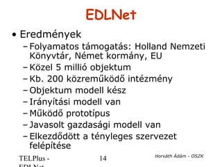 TELPlus - 14 Horváth Ádám - OSZK
EDLNet
• Eredmények
– Folyamatos támogatás: Holland Nemzeti
Könyvtár, Német kormány, EU
–...