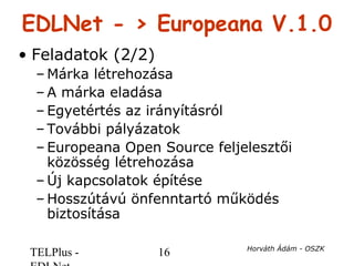 TELPlus - 16 Horváth Ádám - OSZK
EDLNet - > Europeana V.1.0
• Feladatok (2/2)
– Márka létrehozása
– A márka eladása
– Egye...