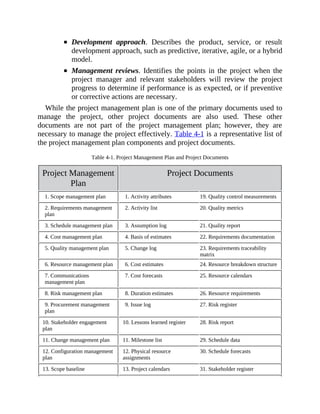 Development approach. Describes the product, service, or result
development approach, such as predictive, iterative, agile, or a hybrid
model.
Management reviews. Identifies the points in the project when the
project manager and relevant stakeholders will review the project
progress to determine if performance is as expected, or if preventive
or corrective actions are necessary.
While the project management plan is one of the primary documents used to
manage the project, other project documents are also used. These other
documents are not part of the project management plan; however, they are
necessary to manage the project effectively. Table 4-1 is a representative list of
the project management plan components and project documents.
Table 4-1. Project Management Plan and Project Documents
Project Management
Plan
Project Documents
1. Scope management plan 1. Activity attributes 19. Quality control measurements
2. Requirements management
plan
2. Activity list 20. Quality metrics
3. Schedule management plan 3. Assumption log 21. Quality report
4. Cost management plan 4. Basis of estimates 22. Requirements documentation
5. Quality management plan 5. Change log 23. Requirements traceability
matrix
6. Resource management plan 6. Cost estimates 24. Resource breakdown structure
7. Communications
management plan
7. Cost forecasts 25. Resource calendars
8. Risk management plan 8. Duration estimates 26. Resource requirements
9. Procurement management
plan
9. Issue log 27. Risk register
10. Stakeholder engagement
plan
10. Lessons learned register 28. Risk report
11. Change management plan 11. Milestone list 29. Schedule data
12. Configuration management
plan
12. Physical resource
assignments
30. Schedule forecasts
13. Scope baseline 13. Project calendars 31. Stakeholder register
 