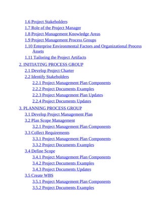 1.6 Project Stakeholders
1.7 Role of the Project Manager
1.8 Project Management Knowledge Areas
1.9 Project Management Process Groups
1.10 Enterprise Environmental Factors and Organizational Process
Assets
1.11 Tailoring the Project Artifacts
2. INITIATING PROCESS GROUP
2.1 Develop Project Charter
2.2 Identify Stakeholders
2.2.1 Project Management Plan Components
2.2.2 Project Documents Examples
2.2.3 Project Management Plan Updates
2.2.4 Project Documents Updates
3. PLANNING PROCESS GROUP
3.1 Develop Project Management Plan
3.2 Plan Scope Management
3.2.1 Project Management Plan Components
3.3 Collect Requirements
3.3.1 Project Management Plan Components
3.3.2 Project Documents Examples
3.4 Define Scope
3.4.1 Project Management Plan Components
3.4.2 Project Documents Examples
3.4.3 Project Documents Updates
3.5 Create WBS
3.5.1 Project Management Plan Components
3.5.2 Project Documents Examples
 