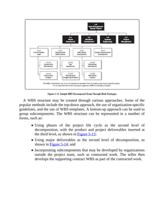 A WBS structure may be created through various approaches. Some of the
popular methods include the top-down approach, the use of organization-specific
guidelines, and the use of WBS templates. A bottom-up approach can be used to
group subcomponents. The WBS structure can be represented in a number of
forms, such as:
Using phases of the project life cycle as the second level of
decomposition, with the product and project deliverables inserted at
the third level, as shown in Figure 5-13;
Using major deliverables as the second level of decomposition, as
shown in Figure 5-14; and
Incorporating subcomponents that may be developed by organizations
outside the project team, such as contracted work. The seller then
develops the supporting contract WBS as part of the contracted work.
 