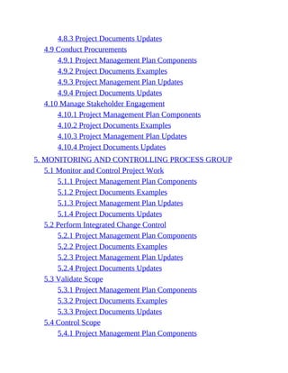 4.8.3 Project Documents Updates
4.9 Conduct Procurements
4.9.1 Project Management Plan Components
4.9.2 Project Documents Examples
4.9.3 Project Management Plan Updates
4.9.4 Project Documents Updates
4.10 Manage Stakeholder Engagement
4.10.1 Project Management Plan Components
4.10.2 Project Documents Examples
4.10.3 Project Management Plan Updates
4.10.4 Project Documents Updates
5. MONITORING AND CONTROLLING PROCESS GROUP
5.1 Monitor and Control Project Work
5.1.1 Project Management Plan Components
5.1.2 Project Documents Examples
5.1.3 Project Management Plan Updates
5.1.4 Project Documents Updates
5.2 Perform Integrated Change Control
5.2.1 Project Management Plan Components
5.2.2 Project Documents Examples
5.2.3 Project Management Plan Updates
5.2.4 Project Documents Updates
5.3 Validate Scope
5.3.1 Project Management Plan Components
5.3.2 Project Documents Examples
5.3.3 Project Documents Updates
5.4 Control Scope
5.4.1 Project Management Plan Components
 