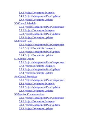 5.4.2 Project Documents Examples
5.4.3 Project Management Plan Updates
5.4.4 Project Documents Updates
5.5 Control Schedule
5.5.1 Project Management Plan Components
5.5.2 Project Documents Examples
5.5.3 Project Management Plan Updates
5.5.4 Project Documents Updates
5.6 Control Costs
5.6.1 Project Management Plan Components
5.6.2 Project Documents Examples
5.6.3 Project Management Plan Updates
5.6.4 Project Documents Updates
5.7 Control Quality
5.7.1 Project Management Plan Components
5.7.2 Project Documents Examples
5.7.3 Project Management Plan Updates
5.7.4 Project Documents Updates
5.8 Control Resources
5.8.1 Project Management Plan Components
5.8.2 Project Documents Examples
5.8.3 Project Management Plan Updates
5.8.4 Project Documents Updates
5.9 Monitor Communications
5.9.1 Project Management Plan Components
5.9.2 Project Documents Examples
5.9.3 Project Management Plan Updates
5.9.4 Project Documents Updates
 