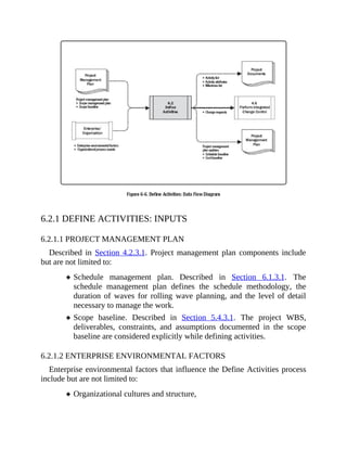 6.2.1 DEFINE ACTIVITIES: INPUTS
6.2.1.1 PROJECT MANAGEMENT PLAN
Described in Section 4.2.3.1. Project management plan components include
but are not limited to:
Schedule management plan. Described in Section 6.1.3.1. The
schedule management plan defines the schedule methodology, the
duration of waves for rolling wave planning, and the level of detail
necessary to manage the work.
Scope baseline. Described in Section 5.4.3.1. The project WBS,
deliverables, constraints, and assumptions documented in the scope
baseline are considered explicitly while defining activities.
6.2.1.2 ENTERPRISE ENVIRONMENTAL FACTORS
Enterprise environmental factors that influence the Define Activities process
include but are not limited to:
Organizational cultures and structure,
 