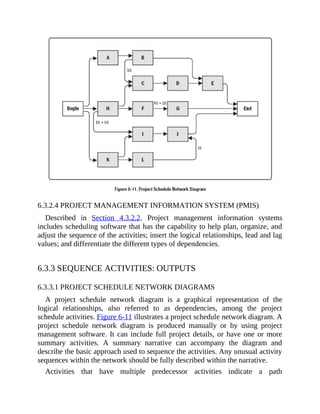 6.3.2.4 PROJECT MANAGEMENT INFORMATION SYSTEM (PMIS)
Described in Section 4.3.2.2. Project management information systems
includes scheduling software that has the capability to help plan, organize, and
adjust the sequence of the activities; insert the logical relationships, lead and lag
values; and differentiate the different types of dependencies.
6.3.3 SEQUENCE ACTIVITIES: OUTPUTS
6.3.3.1 PROJECT SCHEDULE NETWORK DIAGRAMS
A project schedule network diagram is a graphical representation of the
logical relationships, also referred to as dependencies, among the project
schedule activities. Figure 6-11 illustrates a project schedule network diagram. A
project schedule network diagram is produced manually or by using project
management software. It can include full project details, or have one or more
summary activities. A summary narrative can accompany the diagram and
describe the basic approach used to sequence the activities. Any unusual activity
sequences within the network should be fully described within the narrative.
Activities that have multiple predecessor activities indicate a path
 