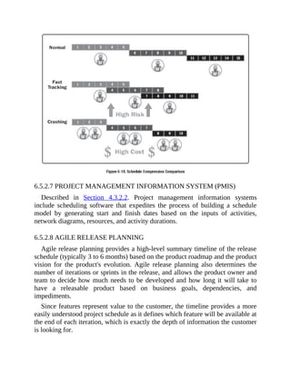 6.5.2.7 PROJECT MANAGEMENT INFORMATION SYSTEM (PMIS)
Described in Section 4.3.2.2. Project management information systems
include scheduling software that expedites the process of building a schedule
model by generating start and finish dates based on the inputs of activities,
network diagrams, resources, and activity durations.
6.5.2.8 AGILE RELEASE PLANNING
Agile release planning provides a high-level summary timeline of the release
schedule (typically 3 to 6 months) based on the product roadmap and the product
vision for the product's evolution. Agile release planning also determines the
number of iterations or sprints in the release, and allows the product owner and
team to decide how much needs to be developed and how long it will take to
have a releasable product based on business goals, dependencies, and
impediments.
Since features represent value to the customer, the timeline provides a more
easily understood project schedule as it defines which feature will be available at
the end of each iteration, which is exactly the depth of information the customer
is looking for.
 