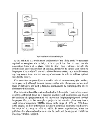 A cost estimate is a quantitative assessment of the likely costs for resources
required to complete the activity. It is a prediction that is based on the
information known at a given point in time. Cost estimates include the
identification and consideration of costing alternatives to initiate and complete
the project. Cost trade-offs and risks should be considered, such as make versus
buy, buy versus lease, and the sharing of resources in order to achieve optimal
costs for the project.
Cost estimates are generally expressed in units of some currency (i.e., dollars,
euros, yen, etc.), although in some instances other units of measure, such as staff
hours or staff days, are used to facilitate comparisons by eliminating the effects
of currency fluctuations.
Cost estimates should be reviewed and refined during the course of the project
to reflect additional detail as it becomes available and assumptions are tested.
The accuracy of a project estimate will increase as the project progresses through
the project life cycle. For example, a project in the initiation phase may have a
rough order of magnitude (ROM) estimate in the range of −25% to +75%. Later
in the project, as more information is known, definitive estimates could narrow
the range of accuracy to −5% to +10%. In some organizations, there are
guidelines for when such refinements can be made and the degree of confidence
or accuracy that is expected.
 