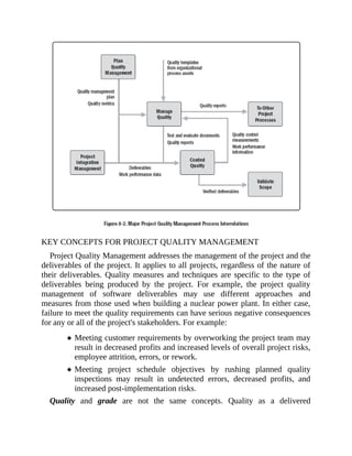 KEY CONCEPTS FOR PROJECT QUALITY MANAGEMENT
Project Quality Management addresses the management of the project and the
deliverables of the project. It applies to all projects, regardless of the nature of
their deliverables. Quality measures and techniques are specific to the type of
deliverables being produced by the project. For example, the project quality
management of software deliverables may use different approaches and
measures from those used when building a nuclear power plant. In either case,
failure to meet the quality requirements can have serious negative consequences
for any or all of the project's stakeholders. For example:
Meeting customer requirements by overworking the project team may
result in decreased profits and increased levels of overall project risks,
employee attrition, errors, or rework.
Meeting project schedule objectives by rushing planned quality
inspections may result in undetected errors, decreased profits, and
increased post-implementation risks.
Quality and grade are not the same concepts. Quality as a delivered
 
