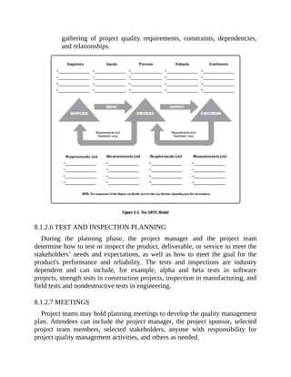 gathering of project quality requirements, constraints, dependencies,
and relationships.
8.1.2.6 TEST AND INSPECTION PLANNING
During the planning phase, the project manager and the project team
determine how to test or inspect the product, deliverable, or service to meet the
stakeholders’ needs and expectations, as well as how to meet the goal for the
product's performance and reliability. The tests and inspections are industry
dependent and can include, for example, alpha and beta tests in software
projects, strength tests in construction projects, inspection in manufacturing, and
field tests and nondestructive tests in engineering.
8.1.2.7 MEETINGS
Project teams may hold planning meetings to develop the quality management
plan. Attendees can include the project manager, the project sponsor, selected
project team members, selected stakeholders, anyone with responsibility for
project quality management activities, and others as needed.
 