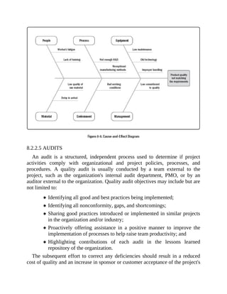 8.2.2.5 AUDITS
An audit is a structured, independent process used to determine if project
activities comply with organizational and project policies, processes, and
procedures. A quality audit is usually conducted by a team external to the
project, such as the organization's internal audit department, PMO, or by an
auditor external to the organization. Quality audit objectives may include but are
not limited to:
Identifying all good and best practices being implemented;
Identifying all nonconformity, gaps, and shortcomings;
Sharing good practices introduced or implemented in similar projects
in the organization and/or industry;
Proactively offering assistance in a positive manner to improve the
implementation of processes to help raise team productivity; and
Highlighting contributions of each audit in the lessons learned
repository of the organization.
The subsequent effort to correct any deficiencies should result in a reduced
cost of quality and an increase in sponsor or customer acceptance of the project's
 