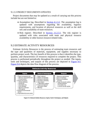 9.1.3.3 PROJECT DOCUMENTS UPDATES
Project documents that may be updated as a result of carrying out this process
include but are not limited to:
Assumption log. Described in Section 4.1.3.2. The assumption log is
updated with assumptions regarding the availability, logistics
requirements, and location of physical resources as well as the skill
sets and availability of team resources.
Risk register. Described in Section 11.2.3.1. The risk register is
updated with risks associated with team and physical resource
availability or other known resource-related risks.
9.2 ESTIMATE ACTIVITY RESOURCES
Estimate Activity Resources is the process of estimating team resources and
the type and quantities of materials, equipment, and supplies necessary to
perform project work. The key benefit of this process is that it identifies the type,
quantity, and characteristics of resources required to complete the project. This
process is performed periodically throughout the project as needed. The inputs,
tools and techniques, and outputs of this process are depicted in Figure 9-5.
Figure 9-6 depicts the data flow diagram of the process.
 