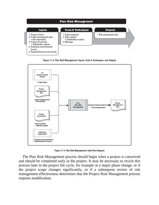 The Plan Risk Management process should begin when a project is conceived
and should be completed early in the project. It may be necessary to revisit this
process later in the project life cycle, for example at a major phase change, or if
the project scope changes significantly, or if a subsequent review of risk
management effectiveness determines that the Project Risk Management process
requires modification.
 