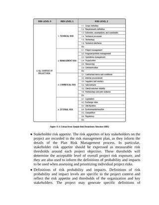 Stakeholder risk appetite. The risk appetites of key stakeholders on the
project are recorded in the risk management plan, as they inform the
details of the Plan Risk Management process. In particular,
stakeholder risk appetite should be expressed as measurable risk
thresholds around each project objective. These thresholds will
determine the acceptable level of overall project risk exposure, and
they are also used to inform the definitions of probability and impacts
to be used when assessing and prioritizing individual project risks.
Definitions of risk probability and impacts. Definitions of risk
probability and impact levels are specific to the project context and
reflect the risk appetite and thresholds of the organization and key
stakeholders. The project may generate specific definitions of
 