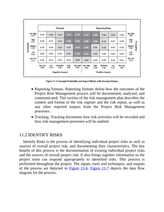 Reporting formats. Reporting formats define how the outcomes of the
Project Risk Management process will be documented, analyzed, and
communicated. This section of the risk management plan describes the
content and format of the risk register and the risk report, as well as
any other required outputs from the Project Risk Management
processes.
Tracking. Tracking documents how risk activities will be recorded and
how risk management processes will be audited.
11.2 IDENTIFY RISKS
Identify Risks is the process of identifying individual project risks as well as
sources of overall project risk, and documenting their characteristics. The key
benefit of this process is the documentation of existing individual project risks
and the sources of overall project risk. It also brings together information so the
project team can respond appropriately to identified risks. This process is
performed throughout the project. The inputs, tools and techniques, and outputs
of the process are depicted in Figure 11-6. Figure 11-7 depicts the data flow
diagram for the process.
 