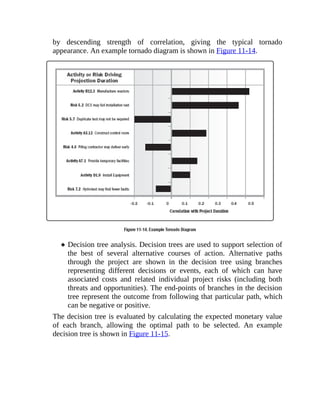 by descending strength of correlation, giving the typical tornado
appearance. An example tornado diagram is shown in Figure 11-14.
Decision tree analysis. Decision trees are used to support selection of
the best of several alternative courses of action. Alternative paths
through the project are shown in the decision tree using branches
representing different decisions or events, each of which can have
associated costs and related individual project risks (including both
threats and opportunities). The end-points of branches in the decision
tree represent the outcome from following that particular path, which
can be negative or positive.
The decision tree is evaluated by calculating the expected monetary value
of each branch, allowing the optimal path to be selected. An example
decision tree is shown in Figure 11-15.
 