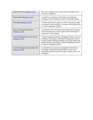 Project life cycle (Section 1.2.4.1) The series of phases that a project passes through from its
start to its completion.
Project phase (Section 1.2.4.2) A collection of logically related project activities that
culminates in the completion of one or more deliverables.
Phase gate (Section 1.2.4.3) A review at the end of a phase in which a decision is made
to continue to the next phase, to continue with modification,
or to end a program or project.
Project management processes
(Section 1.2.4.4)
A systematic series of activities directed toward causing an
end result where one or more inputs will be acted upon to
create one or more outputs.
Project Management Process Group
(Section 1.2.4.5)
A logical grouping of project management inputs, tools and
techniques, and outputs. The Project Management Process
Groups include Initiating, Planning, Executing, Monitoring
and Controlling, and Closing. Project Management Process
Groups are not project phases.
Project Management Knowledge Area
(Section 1.2.4.6)
An identified area of project management defined by its
knowledge requirements and described in terms of its
component processes, practices, inputs, outputs, tools, and
techniques.
 
