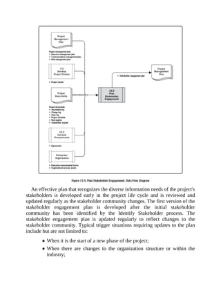 An effective plan that recognizes the diverse information needs of the project's
stakeholders is developed early in the project life cycle and is reviewed and
updated regularly as the stakeholder community changes. The first version of the
stakeholder engagement plan is developed after the initial stakeholder
community has been identified by the Identify Stakeholder process. The
stakeholder engagement plan is updated regularly to reflect changes to the
stakeholder community. Typical trigger situations requiring updates to the plan
include but are not limited to:
When it is the start of a new phase of the project;
When there are changes to the organization structure or within the
industry;
 