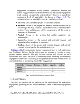engagement assessment matrix supports comparison between the
current engagement levels of stakeholders and the desired engagement
levels required for successful project delivery. One way to classify the
engagement level of stakeholders is shown in Figure 13-6. The
engagement level of stakeholders can be classified as follows:
Unaware. Unaware of the project and potential impacts.
Resistant. Aware of the project and potential impacts but resistant to
any changes that may occur as a result of the work or outcomes of the
project. These stakeholders will be unsupportive of the work or
outcomes of the project.
Neutral. Aware of the project, but neither supportive nor
unsupportive.
Supportive. Aware of the project and potential impacts and
supportive of the work and its outcomes.
Leading. Aware of the project and potential impacts and actively
engaged in ensuring that the project is a success.
In Figure 13-6, C represents the current engagement level of each stakeholder
and D indicates the level that the project team has assessed as essential to ensure
project success (desired). The gap between current and desired for each
stakeholder will direct the level of communications necessary to effectively
engage the stakeholder. The closing of this gap between current and desired is an
essential element of monitoring stakeholder engagement.
13.2.2.6 MEETINGS
Meetings are used to discuss and analyze the input data of the stakeholder
engagement planning process and to develop a sound stakeholder engagement
plan.
13.2.3 PLAN STAKEHOLDER ENGAGEMENT: OUTPUTS
 