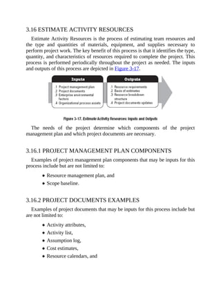3.16 ESTIMATE ACTIVITY RESOURCES
Estimate Activity Resources is the process of estimating team resources and
the type and quantities of materials, equipment, and supplies necessary to
perform project work. The key benefit of this process is that it identifies the type,
quantity, and characteristics of resources required to complete the project. This
process is performed periodically throughout the project as needed. The inputs
and outputs of this process are depicted in Figure 3-17.
The needs of the project determine which components of the project
management plan and which project documents are necessary.
3.16.1 PROJECT MANAGEMENT PLAN COMPONENTS
Examples of project management plan components that may be inputs for this
process include but are not limited to:
Resource management plan, and
Scope baseline.
3.16.2 PROJECT DOCUMENTS EXAMPLES
Examples of project documents that may be inputs for this process include but
are not limited to:
Activity attributes,
Activity list,
Assumption log,
Cost estimates,
Resource calendars, and
 