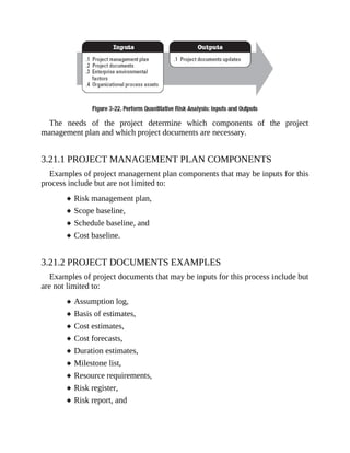 The needs of the project determine which components of the project
management plan and which project documents are necessary.
3.21.1 PROJECT MANAGEMENT PLAN COMPONENTS
Examples of project management plan components that may be inputs for this
process include but are not limited to:
Risk management plan,
Scope baseline,
Schedule baseline, and
Cost baseline.
3.21.2 PROJECT DOCUMENTS EXAMPLES
Examples of project documents that may be inputs for this process include but
are not limited to:
Assumption log,
Basis of estimates,
Cost estimates,
Cost forecasts,
Duration estimates,
Milestone list,
Resource requirements,
Risk register,
Risk report, and
 