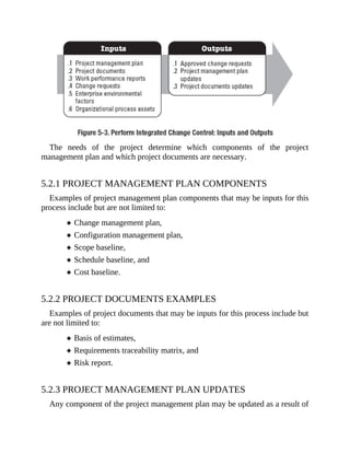 The needs of the project determine which components of the project
management plan and which project documents are necessary.
5.2.1 PROJECT MANAGEMENT PLAN COMPONENTS
Examples of project management plan components that may be inputs for this
process include but are not limited to:
Change management plan,
Configuration management plan,
Scope baseline,
Schedule baseline, and
Cost baseline.
5.2.2 PROJECT DOCUMENTS EXAMPLES
Examples of project documents that may be inputs for this process include but
are not limited to:
Basis of estimates,
Requirements traceability matrix, and
Risk report.
5.2.3 PROJECT MANAGEMENT PLAN UPDATES
Any component of the project management plan may be updated as a result of
 