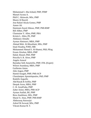 Mohammad I. Abu Irshaid, PMP, PfMP
Manuel Acosta A.
Phill C. Akinwale, MSc, PMP
Mazen Al Bazreh
Jose Rafael Alcala Gomez, PMP
Ameer Ali
Hammam Zayed Alkouz, PMP, PMI-RMP
Bill Allbee, PMP
Charmaine Y. Allen, PMP, PBA
Kristin L. Allen, PE, PMP
Abdulaziz Almalki
Ayman Alminawi, MBA, PMP
Ahmad Moh. Al-Musallami, MSc, PMP
Imad Alsadeq, P3M3, MB
Mohammed Ahmad S. Al-Shamsi, PhD, PEng
Essam Alsultan, MBA, PMP
Haluk Altunel, PhD, PMP
Priscilla S. R. Alves, PMP
Angelo Amaral
Barnabas Seth Amarteifio, PMP, ITIL (Expert)
Wilson Anandaraj, MBA, PMP
Guillermo Anton
John Aogon, PMP
Hamid Aougab, PMP, PMI-ACP
Charalampos Apostolopoulos, PhD, PMP
Rodolfo Arguello
Abd Razak B Ariffin, PMP
Deepak Arora, MBA, PMP
C. H. ArunPrabu, PMP
Zaher Asfari, MBA, PMI-ACP
Ayman Atallah, BE, PMP
Reza Atashfaraz, MSc, PMP
Sharaf A. Attas, PMP, PMI-RMP
Abdurazaq Attuwaijri
Ashraf M Awwad, MSc, PMP
Vikram Kumar B. T.
 
