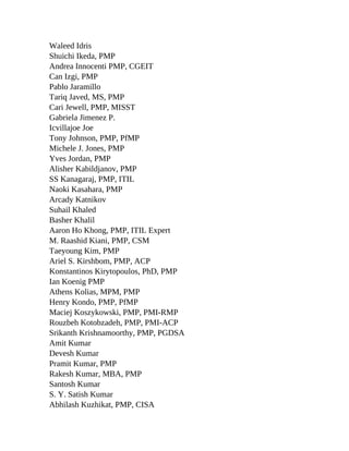 Waleed Idris
Shuichi Ikeda, PMP
Andrea Innocenti PMP, CGEIT
Can Izgi, PMP
Pablo Jaramillo
Tariq Javed, MS, PMP
Cari Jewell, PMP, MISST
Gabriela Jimenez P.
Icvillajoe Joe
Tony Johnson, PMP, PfMP
Michele J. Jones, PMP
Yves Jordan, PMP
Alisher Kabildjanov, PMP
SS Kanagaraj, PMP, ITIL
Naoki Kasahara, PMP
Arcady Katnikov
Suhail Khaled
Basher Khalil
Aaron Ho Khong, PMP, ITIL Expert
M. Raashid Kiani, PMP, CSM
Taeyoung Kim, PMP
Ariel S. Kirshbom, PMP, ACP
Konstantinos Kirytopoulos, PhD, PMP
Ian Koenig PMP
Athens Kolias, MPM, PMP
Henry Kondo, PMP, PfMP
Maciej Koszykowski, PMP, PMI-RMP
Rouzbeh Kotobzadeh, PMP, PMI-ACP
Srikanth Krishnamoorthy, PMP, PGDSA
Amit Kumar
Devesh Kumar
Pramit Kumar, PMP
Rakesh Kumar, MBA, PMP
Santosh Kumar
S. Y. Satish Kumar
Abhilash Kuzhikat, PMP, CISA
 