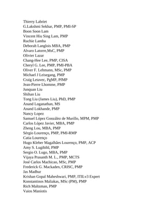 Thierry Labriet
G.Lakshmi Sekhar, PMP, PMI-SP
Boon Soon Lam
Vincent Hiu Sing Lam, PMP
Ruchie Lamba
Deborah Langlois MBA, PMP
Alvaro Latorre,MsC, PMP
Olivier Lazar
Chang-Hee Lee, PMP, CISA
Cheryl G. Lee, PMP, PMI-PBA
Oliver F. Lehmann, MSc, PMP
Michael J Leisegang, PMP
Craig Letavec, PgMP, PfMP
Jean-Pierre Lhomme, PMP
Junquan Liu
Shihan Liu
Tong Liu (James Liu), PhD, PMP
Anand Loganathan, MS
Anand Lokhande, PMP
Nancy Lopez
Samuel López González de Murillo, MPM, PMP
Carlos López Javier, MBA, PMP
Zheng Lou, MBA, PMP
Sérgio Lourenço, PMP, PMI-RMP
Catia Lourenço
Hugo Kleber Magalhães Lourenço, PMP, ACP
Amy S. Lugibihl, PMP
Sergio O. Lugo, MBA, PMP
Vijaya Prasanth M. L., PMP, MCTS
José Carlos Machicao, MSc, PMP
Frederick G. Mackaden, CRISC, PMP
Jas Madhur
Krishan Gopal Maheshwari, PMP, ITILv3 Expert
Konstantinos Maliakas, MSc (PM), PMP
Rich Maltzman, PMP
Vaios Maniotis
 