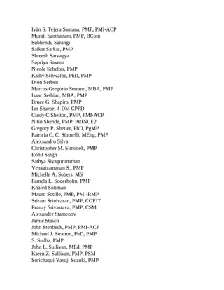 Iván S. Tejera Santana, PMP, PMI-ACP
Murali Santhanam, PMP, BCom
Subhendu Sarangi
Saikat Sarkar, PMP
Shreesh Sarvagya
Supriya Saxena
Nicole Schelter, PMP
Kathy Schwalbe, PhD, PMP
Dion Serben
Marcus Gregorio Serrano, MBA, PMP
Isaac Sethian, MBA, PMP
Bruce G. Shapiro, PMP
Ian Sharpe, 4-DM CPPD
Cindy C Shelton, PMP, PMI-ACP
Nitin Shende, PMP, PRINCE2
Gregory P. Shetler, PhD, PgMP
Patricia C. C. Sibinelli, MEng, PMP
Alexsandro Silva
Christopher M. Simonek, PMP
Rohit Singh
Sathya Sivagurunathan
Venkatramanan S., PMP
Michelle A. Sobers, MS
Pamela L. Soderholm, PMP
Khaled Soliman
Mauro Sotille, PMP, PMI-RMP
Sriram Srinivasan, PMP, CGEIT
Pranay Srivastava, PMP, CSM
Alexander Stamenov
Jamie Stasch
John Stenbeck, PMP, PMI-ACP
Michael J. Stratton, PhD, PMP
S. Sudha, PMP
John L. Sullivan, MEd, PMP
Karen Z. Sullivan, PMP, PSM
Surichaqui Yasuji Suzuki, PMP
 