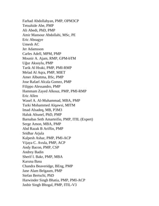 Farhad Abdollahyan, PMP, OPM3CP
Tetsuhide Abe, PMP
Ali Abedi, PhD, PMP
Amir Mansour Abdollahi, MSc, PE
Eric Aboagye
Umesh AC
Jer Adamsson
Carles Adell, MPM, PMP
Mounir A. Ajam, RMP, GPM-bTM
Uğur Aksoylu, PMP
Tarik Al Hraki, PMP, PMI-RMP
Melad Al Aqra, PMP, MIET
Amer Albuttma, BSc, PMP
Jose Rafael Alcala Gomez, PMP
Filippo Alessandro, PMP
Hammam Zayed Alkouz, PMP, PMI-RMP
Eric Allen
Wasel A. Al-Muhammad, MBA, PMP
Turki Mohammed Alqawsi, MITM
Imad Alsadeq, MB, P3M3
Haluk Altunel, PhD, PMP
Barnabas Seth Amarteifio, PMP, ITIL (Expert)
Serge Amon, MBA, PMP
Abd Razak B Ariffin, PMP
Sridhar Arjula
Kalpesh Ashar, PMP, PMI-ACP
Vijaya C. Avula, PMP, ACP
Andy Bacon, PMP, CSP
Andrey Badin
Sherif I. Bakr, PMP, MBA
Karuna Basu
Chandra Beaveridge, BEng, PMP
Jane Alam Belgaum, PMP
Stefan Bertschi, PhD
Harwinder Singh Bhatia, PMP, PMI-ACP
Jasbir Singh Bhogal, PMP, ITIL-V3
 