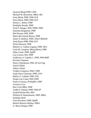 Jayaram Bhogi PMP, CSM
Michael M. Bissonette, MBA, MS
Greta Blash, PMP, PMI-ACP
Steve Blash, PMP, PMI-ACP
Dennis L. Bolles, PMP
Rodolphe Boudet, PMP
Farid F. Bouges, PhD, PfMP, PMP
Damiano Bragantini, PMP
Ralf Braune, PhD, PMP
Maria del Carmen Brown, PMP
James N. Bullock, PMP, ASQ CMQ/OE
Andy Burns PMP, PMI-ACP
Nicola Bussoni, PMP
Roberto A. Cadena Legaspi, PMP, MCI
Carla M. Campion, BEng (Hons), PMP
Shika Carter, PMP, PgMP
Luis Casacó, MA, PMP
Guillermo A. Cepeda L., PMP, PMI-RMP
Kristine Chapman
Panos Chatzipanos, PhD, Dr Eur Eng.
Satish Chhiba
Aditya Chinni
Virgiliu Cimpoeru, PhDc, PMP
Jorge Omar Clemente, PMP, CPA
Martin A. Collado, PMP, ITIL
Sergio Luis Conte, PhD, PMP
Franco Cosenza, PGDipBA, PMP
Veronica Cruz
Ron Cwik MBA, PMP
Yudha P. Damiat, PMP, PMI-SP
Farshid Damirchilo, MSc
William H. Dannenmaier, PMP, MBA
Sankalpa Dash
Gina Davidovic PMP, PgMP
Beatriz Benezra Dehtear, MBA
G. Murat Dengiz, PMP
 
