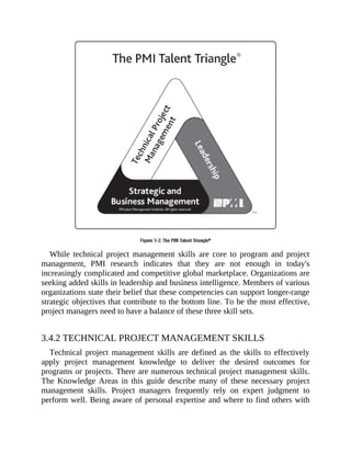 While technical project management skills are core to program and project
management, PMI research indicates that they are not enough in today's
increasingly complicated and competitive global marketplace. Organizations are
seeking added skills in leadership and business intelligence. Members of various
organizations state their belief that these competencies can support longer-range
strategic objectives that contribute to the bottom line. To be the most effective,
project managers need to have a balance of these three skill sets.
3.4.2 TECHNICAL PROJECT MANAGEMENT SKILLS
Technical project management skills are defined as the skills to effectively
apply project management knowledge to deliver the desired outcomes for
programs or projects. There are numerous technical project management skills.
The Knowledge Areas in this guide describe many of these necessary project
management skills. Project managers frequently rely on expert judgment to
perform well. Being aware of personal expertise and where to find others with
 