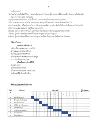 4
ระดับครอบครัว
1)สร้างเสริมความสัมพันธ์ที่ดีระหว่างสมาชิกในครอบครัว พ่อ แม่ ผู้ปกครองควรมีข้อตกลงเรื่อง อานาจการตัดสินใจเรื่อง
ในครอบครัวโดยไม่ใช้ความรุนแรง
2)มีพฤติกรรมที่แสดงความรัก ความเอื้ออาทร และช่วยเหลือซึ่งกันและกันภายในครอบครัว
3)มีการกาหนดแนวทางการใช้ชีวิต ตลอดจนกติกาต่างๆภายในครอบครัว โดยสมาชิกทุกคนมีส่วนร่วม
4)สมาชิกทุกคนมีความยืดหยุ่นยอมรับการเปลี่ยนแปลงและพัฒนาการต่างๆที่เกิดขึ้นกับสมาชิกในครอบครัวอย่างปกติ
5)สมาชิกทุกคนมีส่วนร่วมในการแก้ปัญหาในครอบครัว
6)พ่อ แม่ ผู้ปกครองให้การอบรมเลี้ยงดูลูกๆในทางที่ถูกต้องโดยการเอาใจใส่ดูแลลูกๆอย่างใกล้ชิด
7)พ่อ แม่ ผู้ปกครองต้องเป็นตัวอย่างที่ดีในการแก้ปัญหาโดยไม่ใช่ความรุนแรง
8)พ่อ แม่ ผู้ปกครองต้องไม่ใช้ความรุนแรงกับลูก การลงโทษเมื่อลูกกระทาผิดต้องทาอย่างมีเหตุผล
วิธีดาเนินงาน
แนวทางการดาเนินงาน
1.ศึกษาปัญหาและสาเหตุจากการวิจัย
2.วางแผนการดาเนินการศึกษา
3.ตั้งกลุ่มประชากรที่จะศึกษา
4.ตั้งกลุ่มตัวอย่างที่จะศึกษาและเก็บข้อมูล
5.รวบรวมข้อมูลและสรุปผล
เครื่องมือและอุปกรณ์ที่ใช้
1.คอมพิวเตอร์
2.เครือข่ายอินเทอร์เน็ต
3.โปรแกรม Microsoft word 2013
4.เว็บไซต์ที่ให้บริการเว็บบล็อก
ขั้นตอนและแผนดาเนินงาน
ลาดับ
ที่
ขั้นตอน สัปดาห์ที่ ผู้รับผิดชอบ
1 2 3 4 5 6 7 8 9
1
0
1
1
12
1
3
1
4
1
5
16 17
1 คิดหัวข้อโครงงาน
2 ศึกษาและค้นคว้าข้อมูล
3 จัดทาโครงร่างงาน
4 ปฏิบัติการสร้างโครงงาน
5 ปรับปรุงทดสอบ
6 การทาเอกสารรายงาน
7 ประเมินผลงาน
8 นาเสนอโครงงาน
 