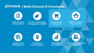 Web Content
Management
E-Commerce
Framework
Product Information
Management & MDM
Multi-Channel &
Web-to-Print
Digital Asset
Management
Targeting &
Personalization
Marketing &
Campaigning
Customer Experience
& Enagement
| Multi-Channel E-Commerce
 