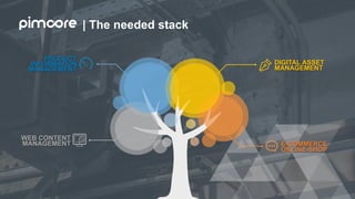 | The needed stack
DIGITAL ASSET
MANAGEMENT
PRODUCT
INFORMATION
MANAGEMENT
WEB CONTENT
MANAGEMENT E-COMMERCE
ONLINE-SHOP
 