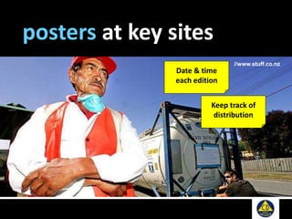 posters at key sites
//www.stuff.co.nz
Date & time
each edition
Keep track of
distribution
 