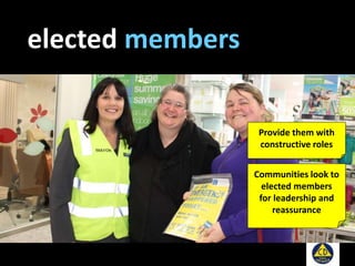 elected members
Provide them with
constructive roles
Communities look to
elected members
for leadership and
reassurance
 