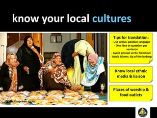 know your local cultures
Tips for translation:
- Use active, positive language
- One idea or question per
sentence
- Avoid phrasal verbs: hand out
- Avoid idioms: tip of the iceberg
Know local ethnic
media & liaison
Places of worship &
food outlets
//www.thepress.co.nz
 