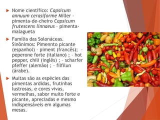  Nome científico: Capsicum
annuum cerasiforme Miller –
pimenta-de-cheiro Capsicum
frutescens linnaeus – pimenta-
malagueta
 Família das Solonáceas.
Sinônimos: Pimennto picante
(espanhol) – piment (francês); –
peperone forte (italiano) ; – hot
pepper, chili (inglês) ; – scharfer
pfeffer (alemão) ; – filfilun
(árabe).
 Muitas são as espécies das
pimentas ardidas, frutinhas
lustrosas, e cores vivas,
vermelhas, sabor muito forte e
picante, apreciadas e mesmo
indispensáveis em algumas
mesas.
 